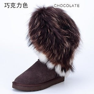 2017 Fashion Natural Fox Fur Cow Leather Lady Boots