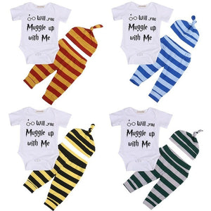 clothing 3PCS Harry Potter Newborn Muggle Print - Romper Bodysuit+Stripped + Pant + Hat Outfits - Ineffable Shop