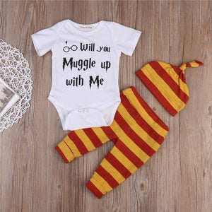 clothing 3PCS Harry Potter Newborn Muggle Print - Romper Bodysuit+Stripped + Pant + Hat Outfits - Ineffable Shop