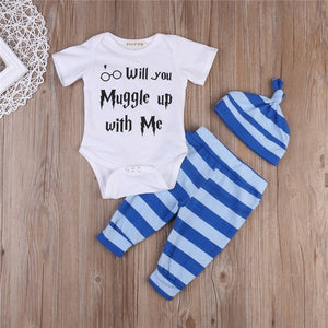 clothing 3PCS Harry Potter Newborn Muggle Print - Romper Bodysuit+Stripped + Pant + Hat Outfits - Ineffable Shop