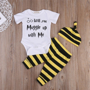 clothing 3PCS Harry Potter Newborn Muggle Print - Romper Bodysuit+Stripped + Pant + Hat Outfits - Ineffable Shop