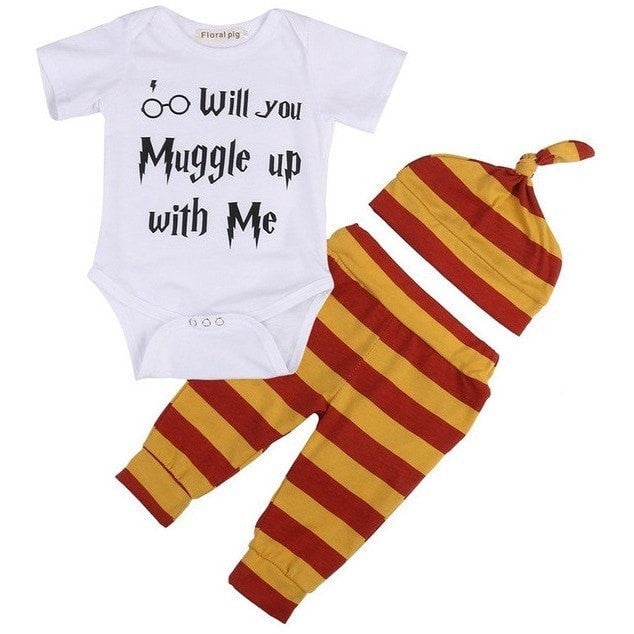 clothing 3PCS Harry Potter Newborn Muggle Print - Romper Bodysuit+Stripped + Pant + Hat Outfits - Ineffable Shop