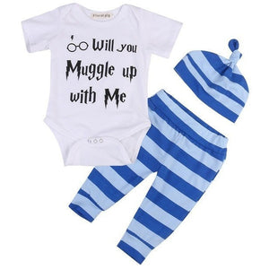 clothing 3PCS Harry Potter Newborn Muggle Print - Romper Bodysuit+Stripped + Pant + Hat Outfits - Ineffable Shop