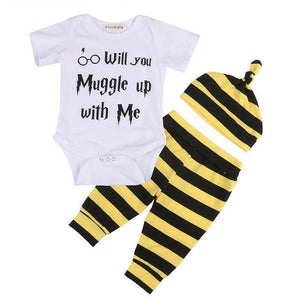 clothing 3PCS Harry Potter Newborn Muggle Print - Romper Bodysuit+Stripped + Pant + Hat Outfits - Ineffable Shop