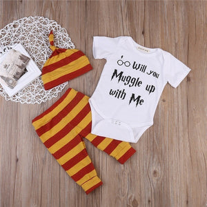 clothing 3PCS Harry Potter Newborn Muggle Print - Romper Bodysuit+Stripped + Pant + Hat Outfits - Ineffable Shop