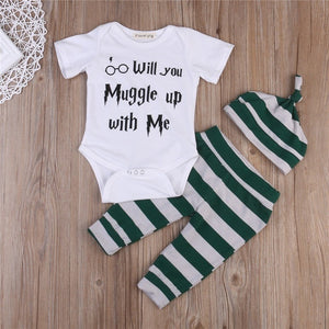 clothing 3PCS Harry Potter Newborn Muggle Print - Romper Bodysuit+Stripped + Pant + Hat Outfits - Ineffable Shop