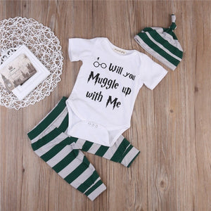 clothing 3PCS Harry Potter Newborn Muggle Print - Romper Bodysuit+Stripped + Pant + Hat Outfits - Ineffable Shop