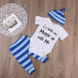 clothing 3PCS Harry Potter Newborn Muggle Print - Romper Bodysuit+Stripped + Pant + Hat Outfits - Ineffable Shop