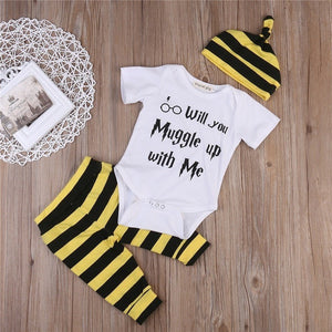 clothing 3PCS Harry Potter Newborn Muggle Print - Romper Bodysuit+Stripped + Pant + Hat Outfits - Ineffable Shop