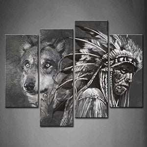  4 Panel Wall Art Black And White Wolf And Indians Painting The Picture Print On Canvas Animal Pictures For Home Decor - Ineffable Shop